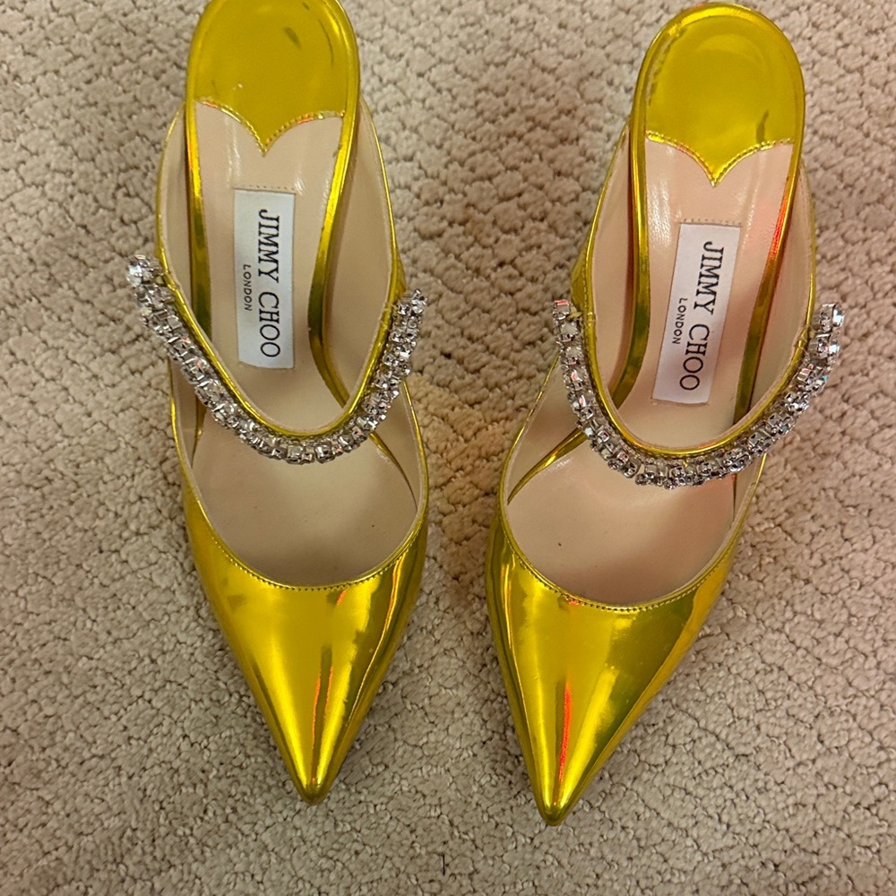 Jimmy Choo Gold Heels with Crystal Embellishments